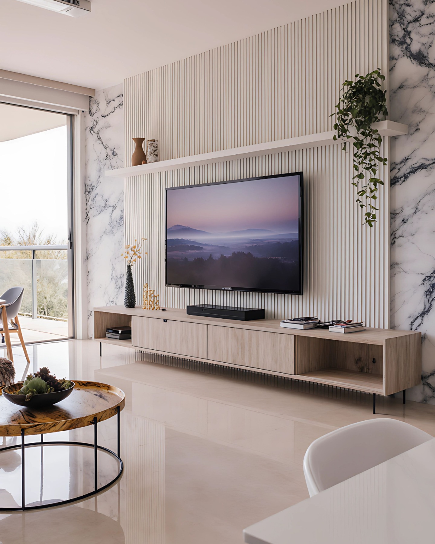 Sala de estar com painel de TV